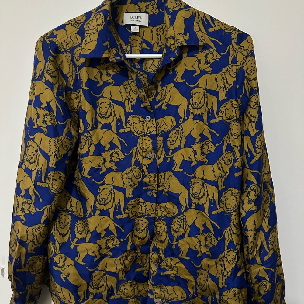 J. Crew Blue Button-Down Shirt with Gold Lion Print 100% Silk